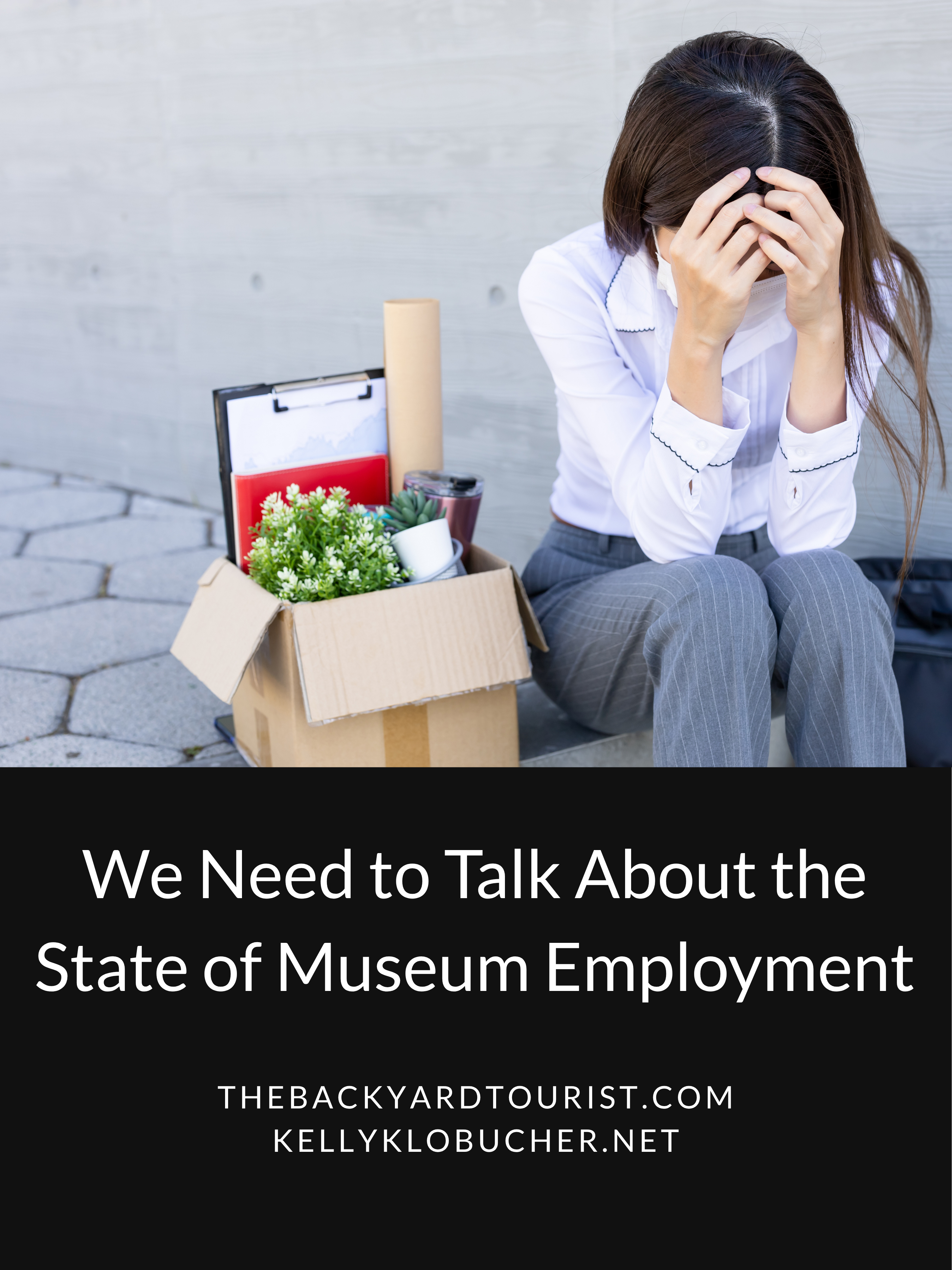 cover for article. photo of woman with box of her personal items after being laid off
